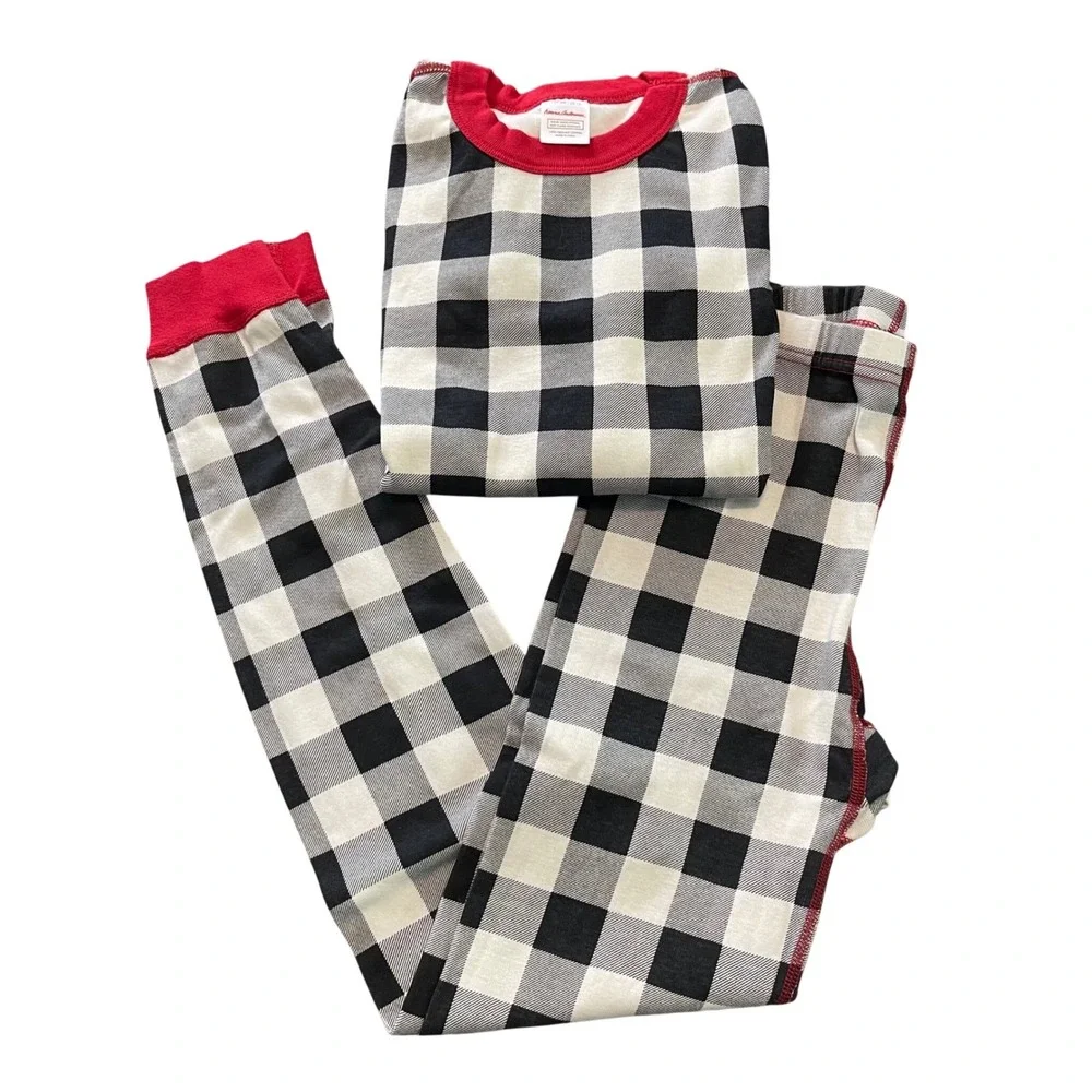 Hanna Andersson Pajama Set Kid 12 Black White Buffalo Check Plaid Organic Cotton